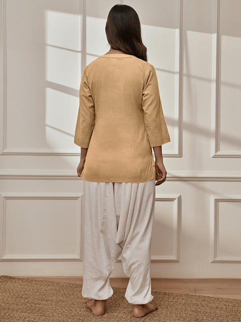 Women's Chiku Cotton Linen Kurta With White Cotton Lycra Harem Pants Yoga Set